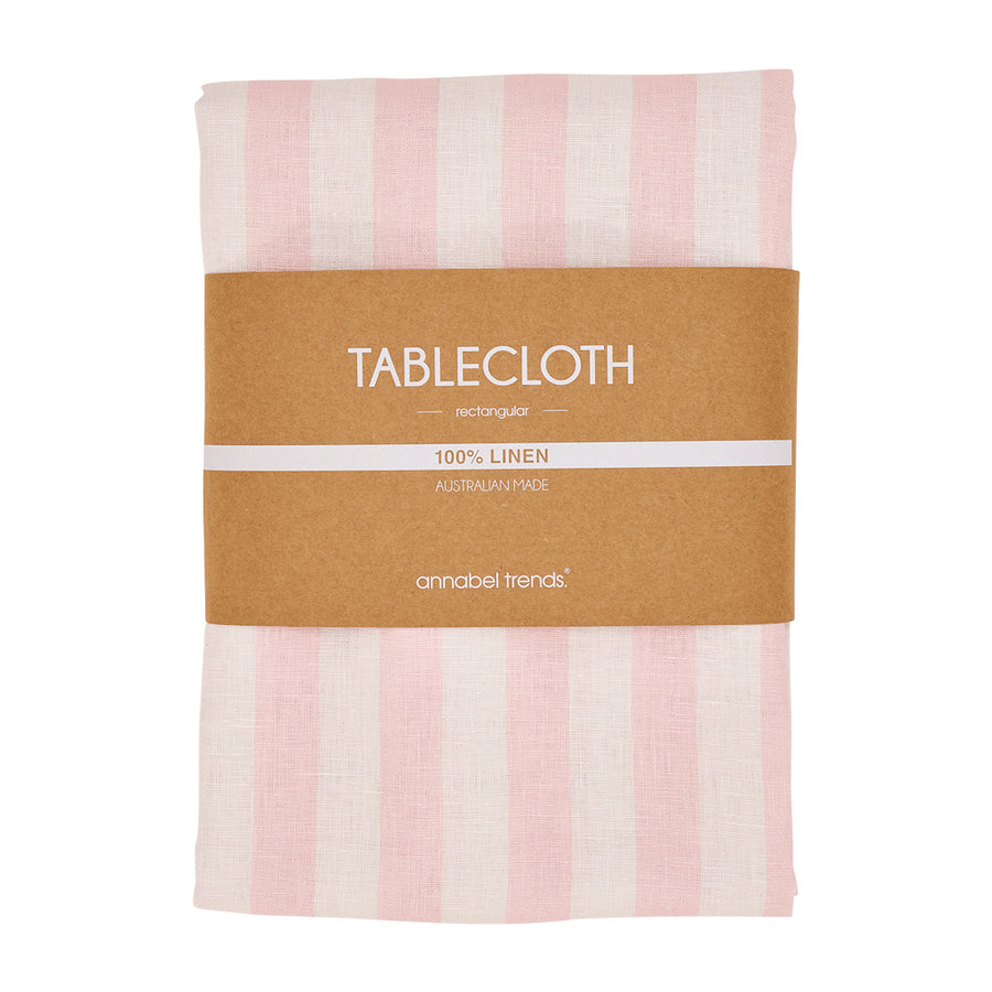 Light pink Striped tablecloth with a brown label on a white background