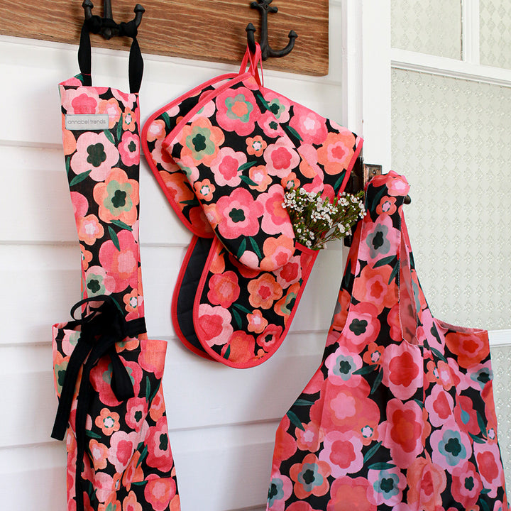 Midnight Blooms oven mitts and apron