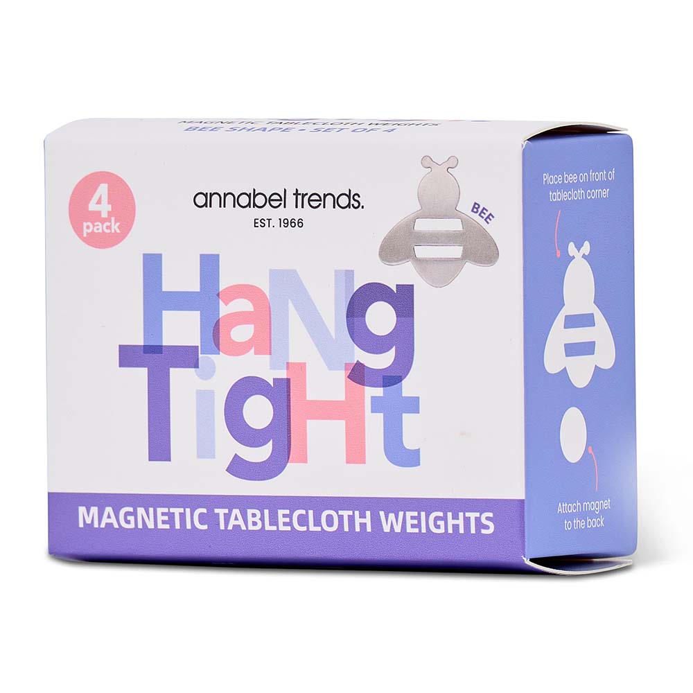 Packaging of Annabel Trends magnetic tablecloth weights with colorful text on a white background