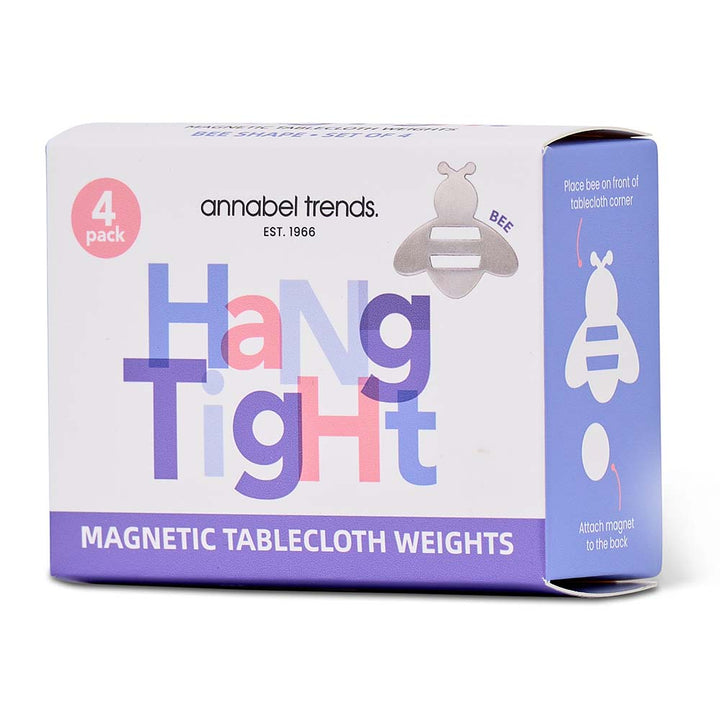 Packaging of Annabel Trends magnetic tablecloth weights with colorful text on a white background