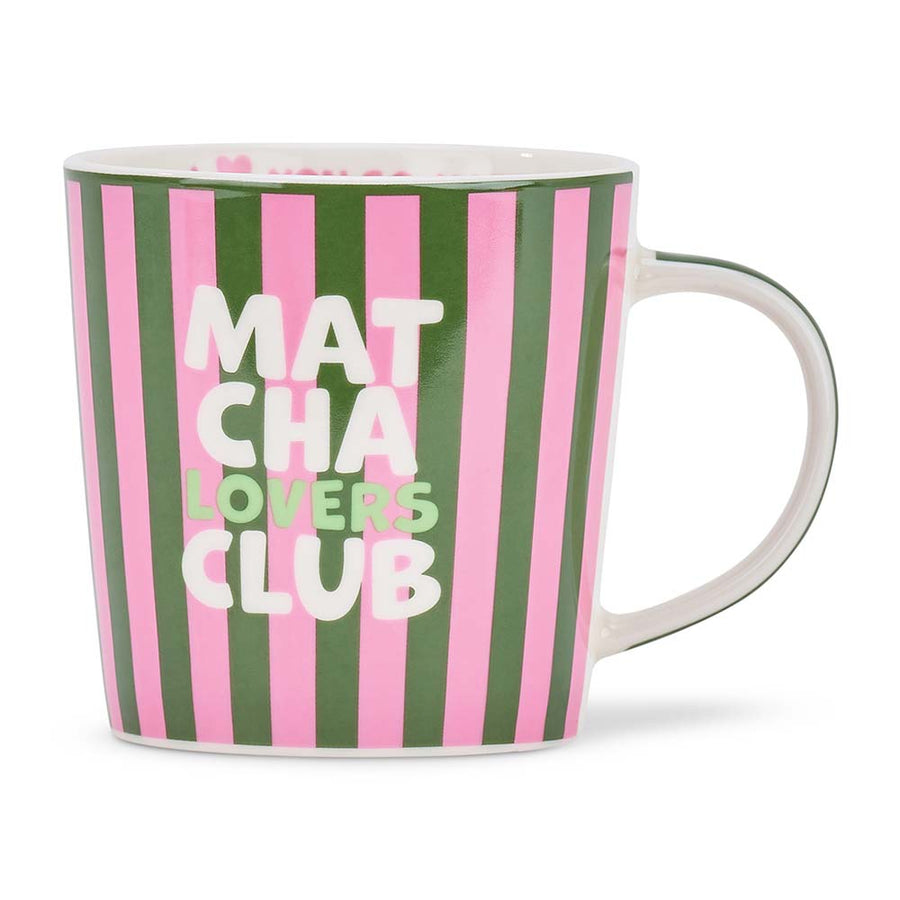 Mug with green and pink striped pattern and 'Matcha Lovers Club' text on a white background