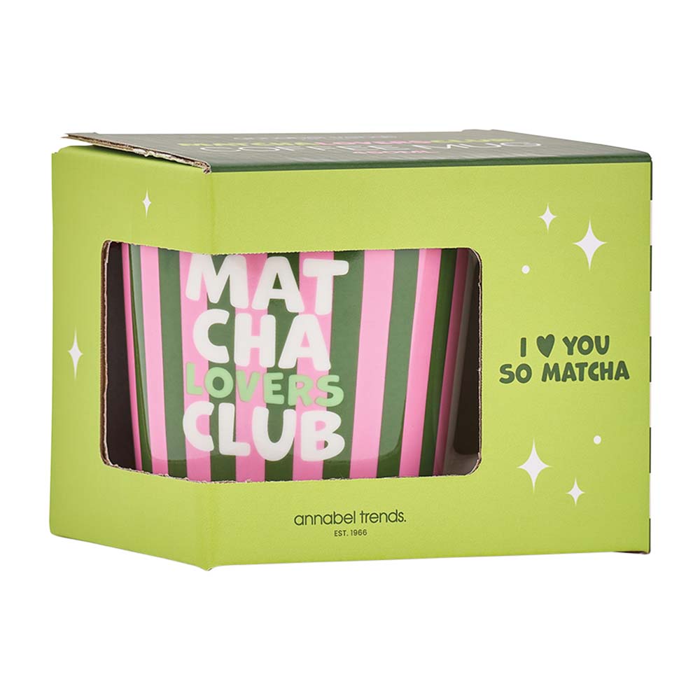Green box with 'Matcha Lovers Club' text and striped design on a white background