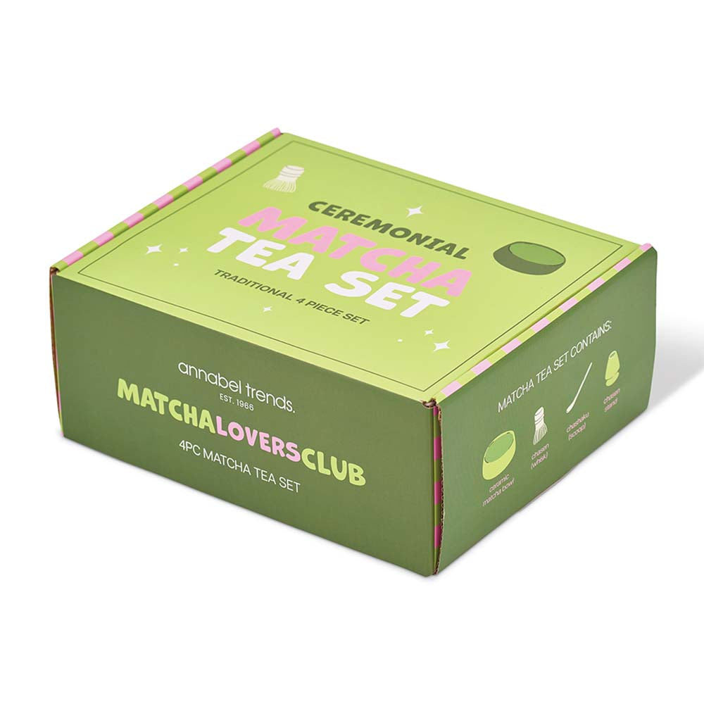 Green box packaging for a ceremonial matcha tea set from Matcha Lovers Club on a white background