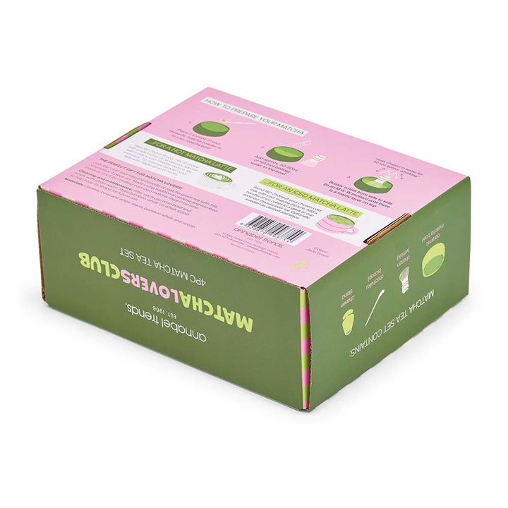 Green and pink box with Matcha Lovers Club branding on a white background