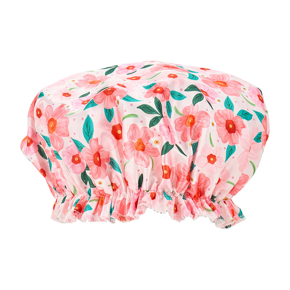 Floral-patterned shower cap on a white background