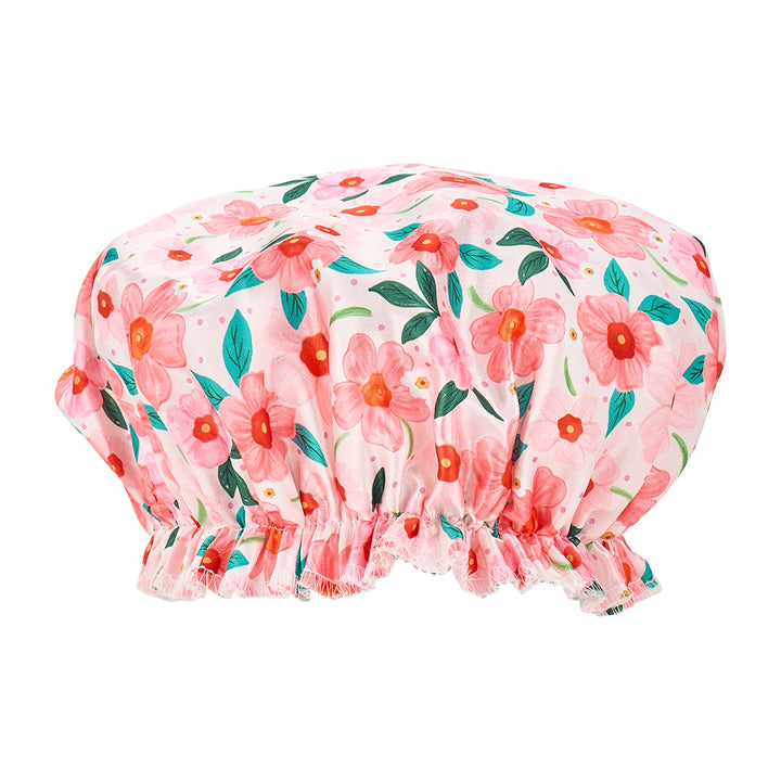 Floral-patterned shower cap on a white background