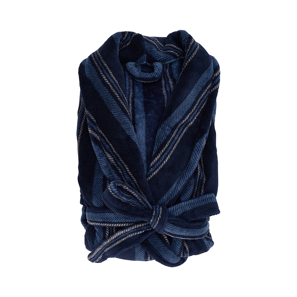 Folded navy blue Mens bath robe with navy, light blue and grey stripes on a white background