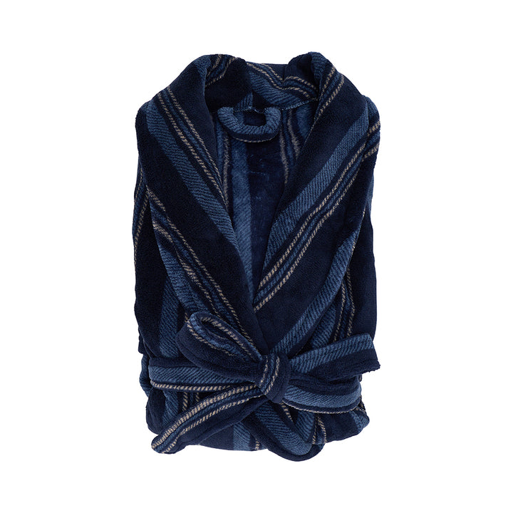 Folded navy blue Mens bath robe with navy, light blue and grey stripes on a white background