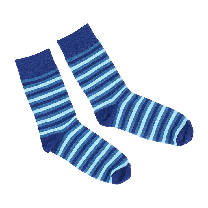 Pair of blue and light blue striped socks on a white background