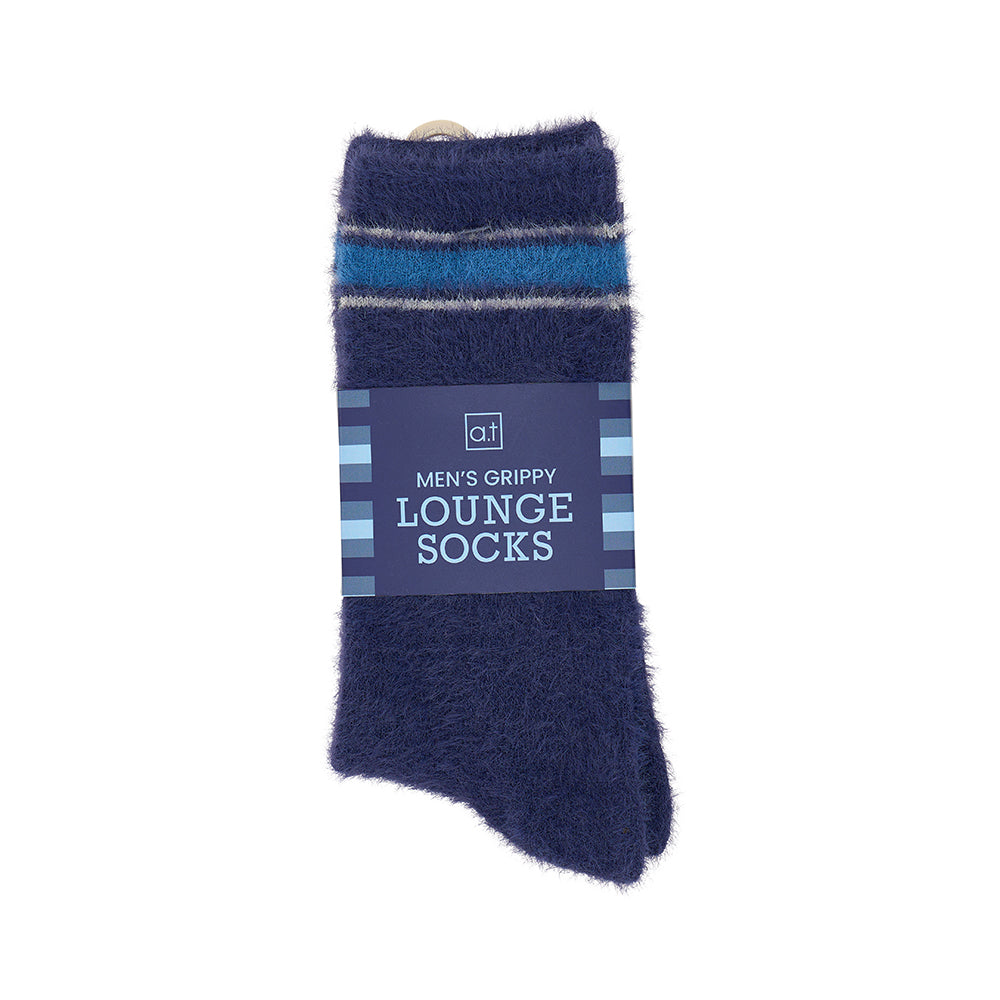Navy blue men's grippy lounge socks with a label on a white background