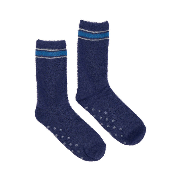 Navy mens lounge socks with grippers on the bottom and blue stripe trip