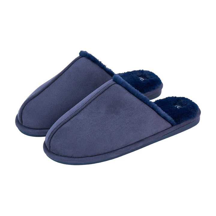 Pair of blue slippers with fuzzy trim on a white background
