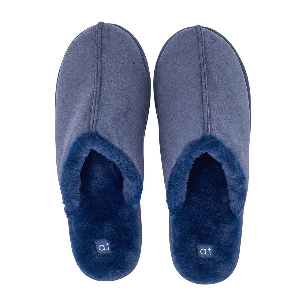 Pair of blue slippers with fuzzy trim on a white background