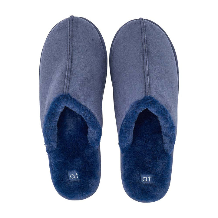 Pair of blue slippers with fuzzy trim on a white background