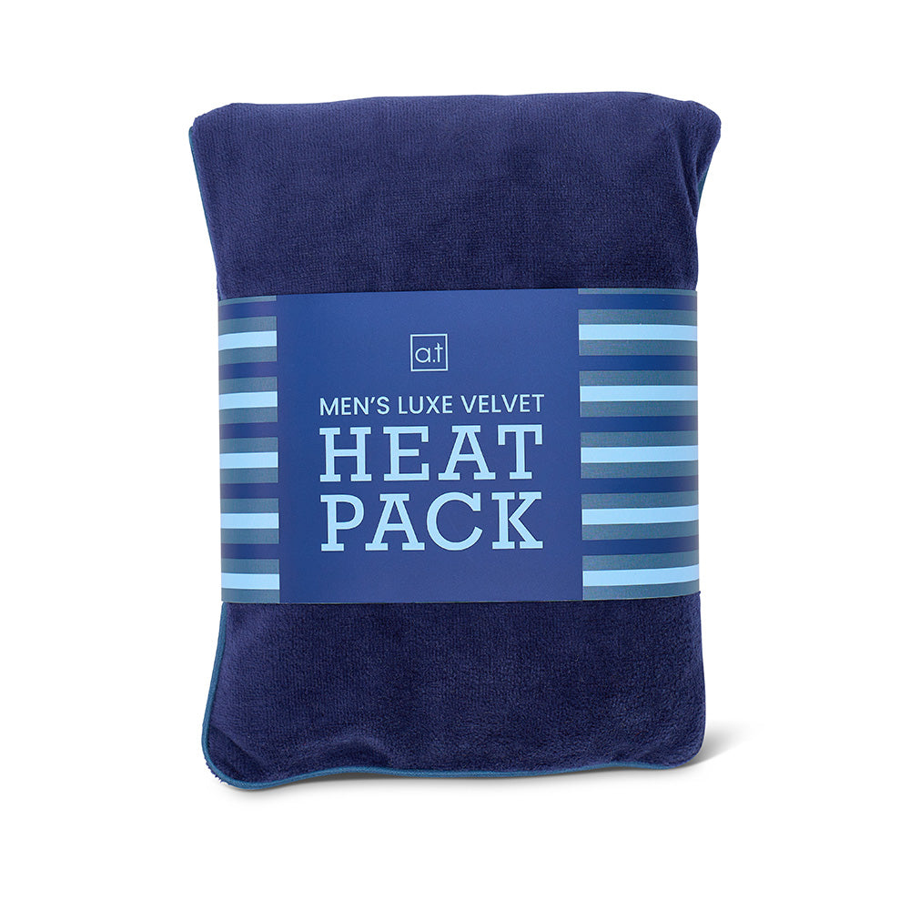 Blue men's luxe velvet heat pack with a label on a white background