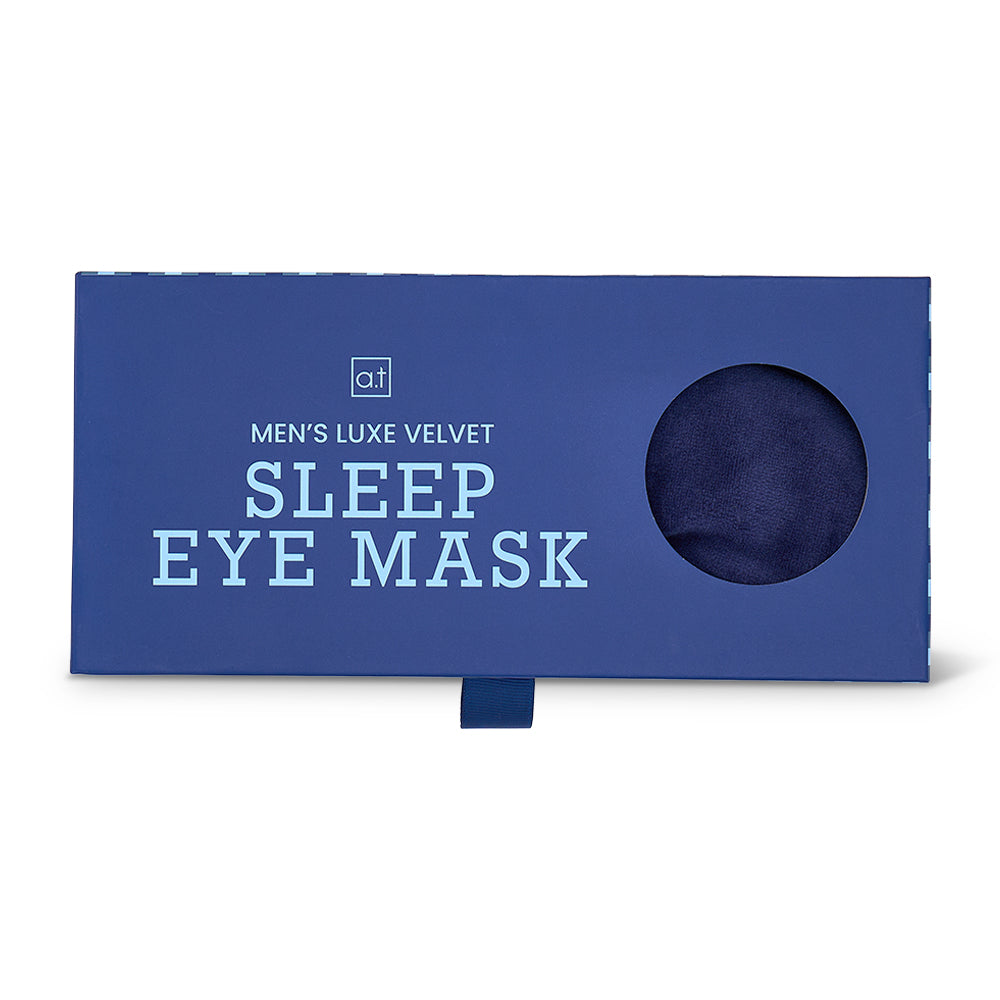 Blue packaging box for a men's luxe velvet sleep eye mask on a white background