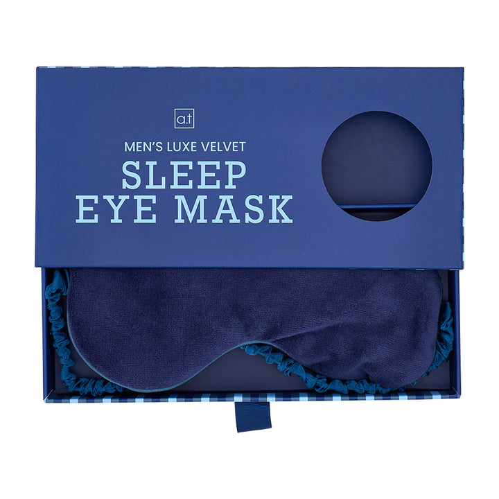 Blue sleep eye mask in a box with 'Men's Luxe Velvet Sleep Eye Mask' text.