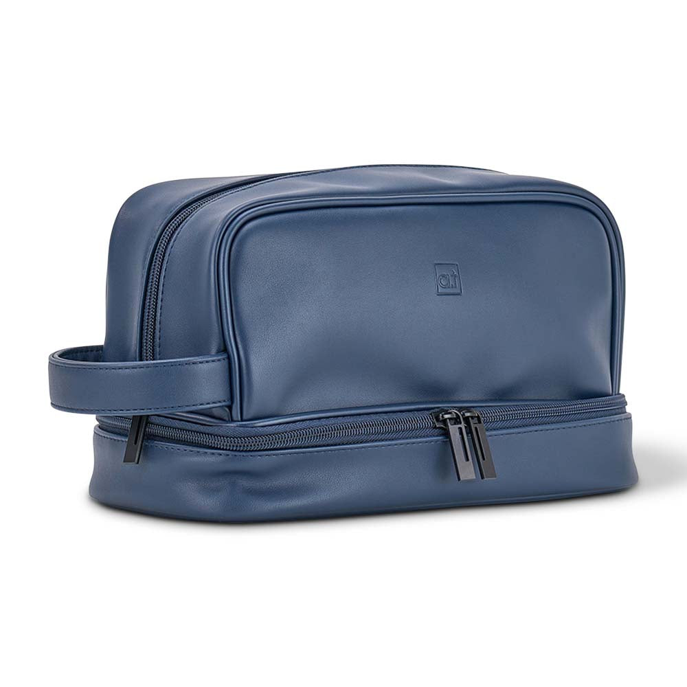 Blue toiletry bag with a handle on a white background