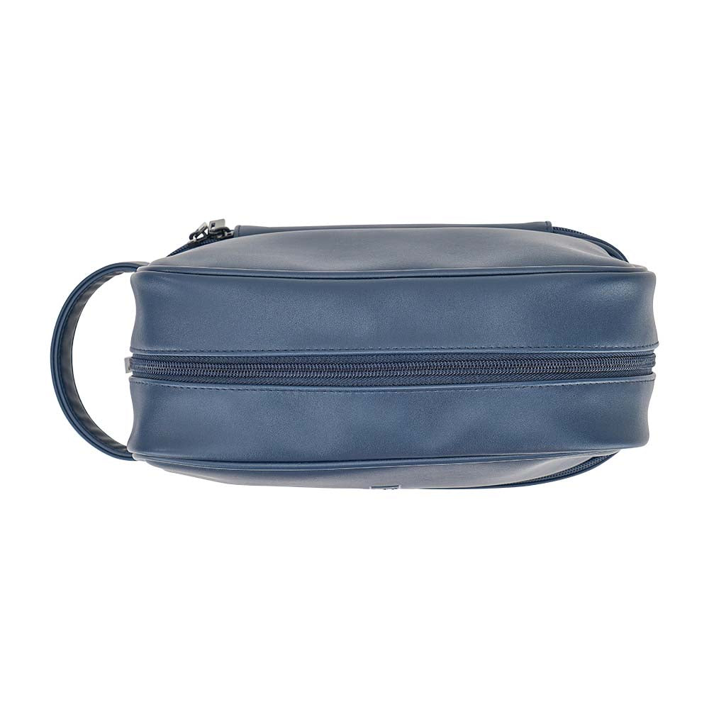Blue toiletry bag with a handle on a white background