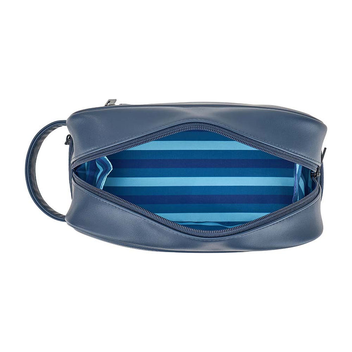 Blue toiletry bag with striped interior on a white background