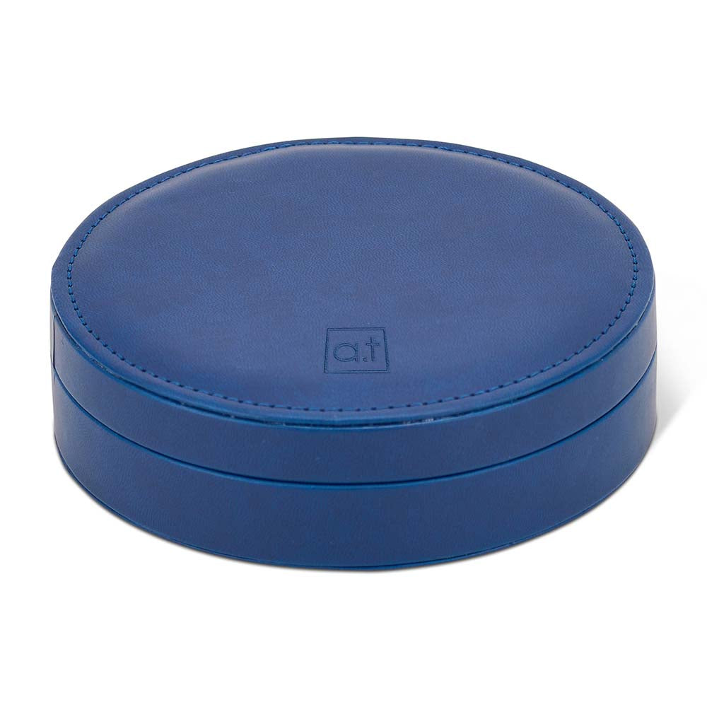 Blue round wine set box with a logo on a white background