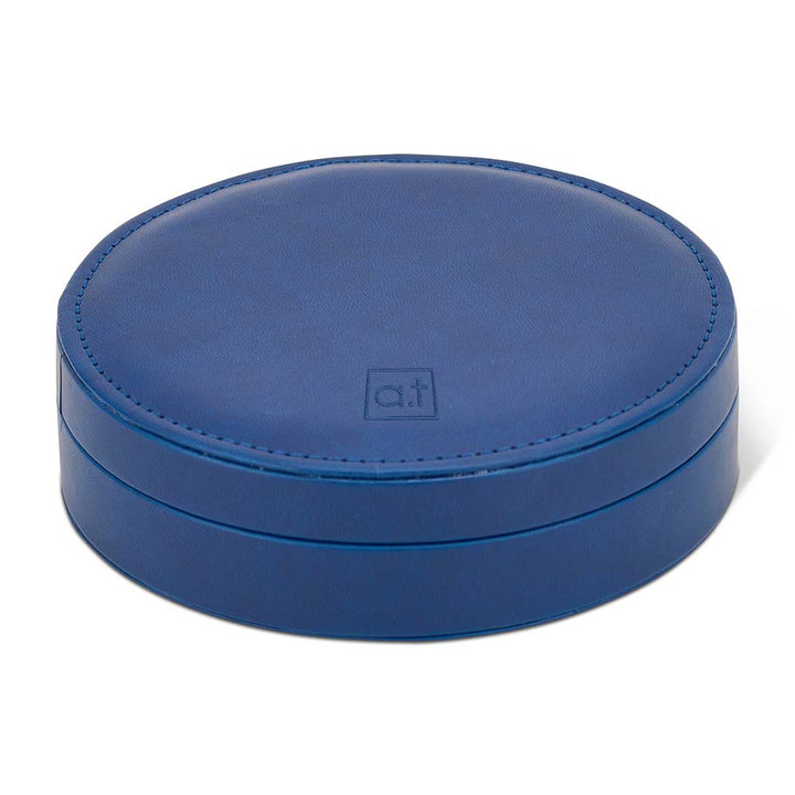 Blue round wine set box with a logo on a white background