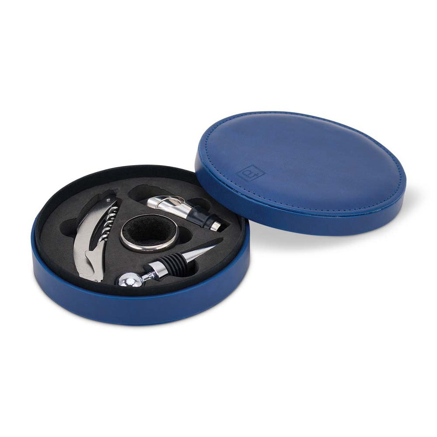 Wine accessory set in a blue case on a white background