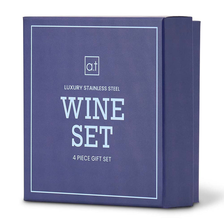 Blue box packaging for a luxury stainless steel wine set with 'a.t' branding.