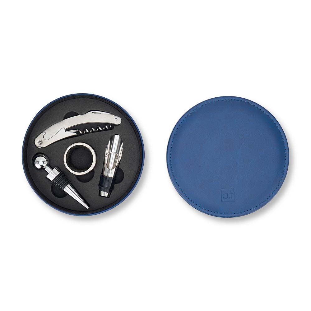 Wine opener set with blue cover on a white background