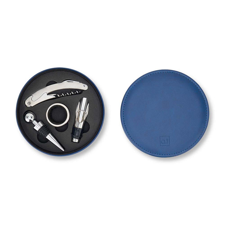 Wine opener set with blue cover on a white background