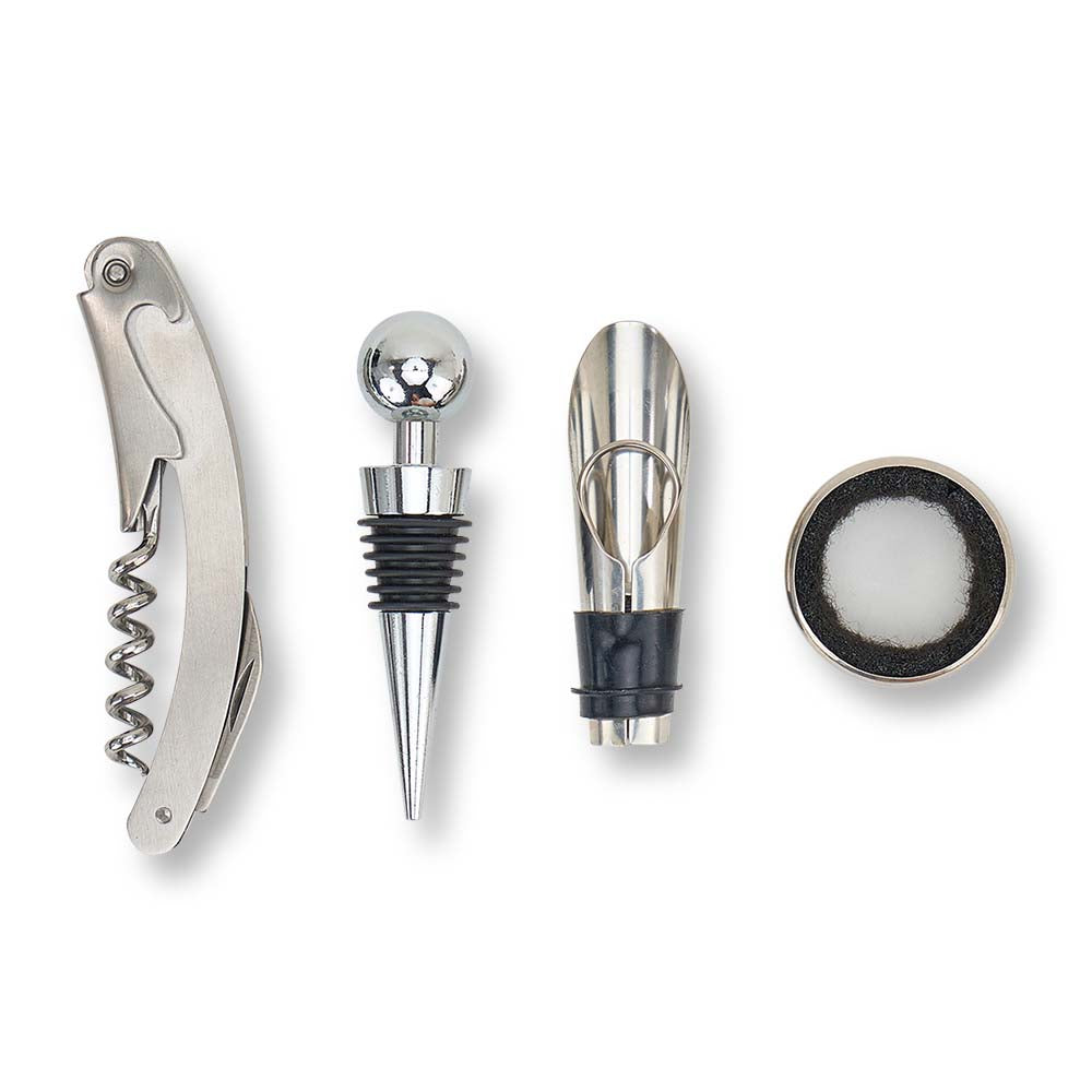 Set of wine accessories including a corkscrew, bottle stopper, and other tools on a white background