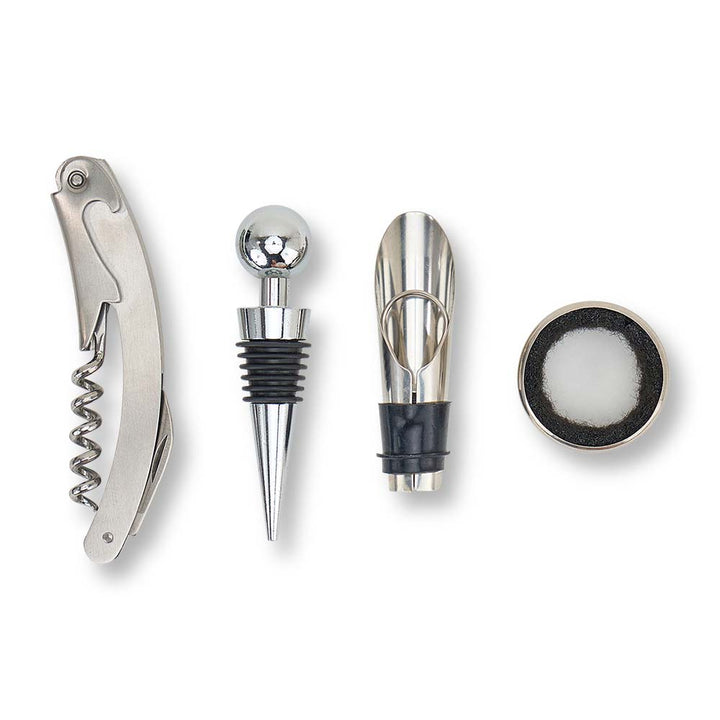 Set of wine accessories including a corkscrew, bottle stopper, and other tools on a white background