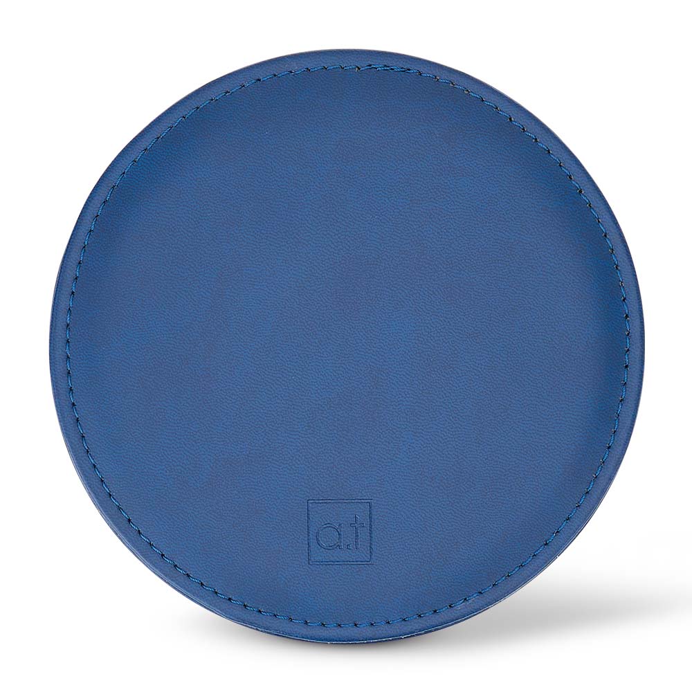 Blue round leather product with a brand logo on a white background