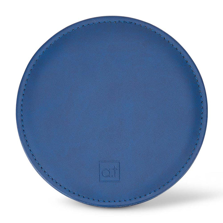 Blue round leather product with a brand logo on a white background