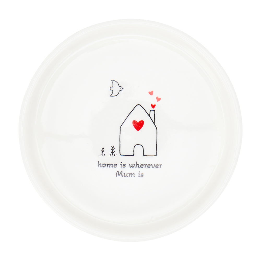 White plate with a house illustration and text 'home is wherever Mum is' on a white background