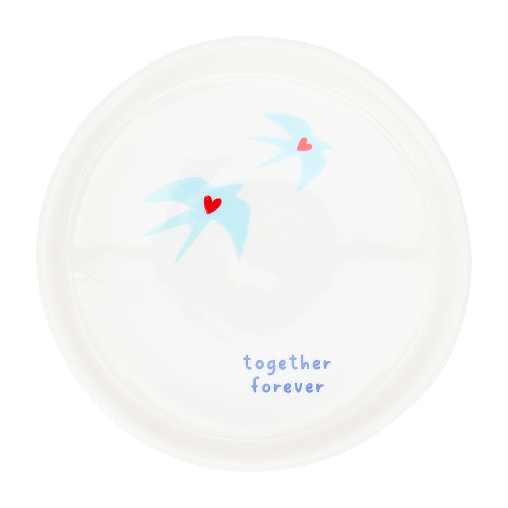 White plate with blue birds and red hearts, featuring the text 'together forever' on a white background.