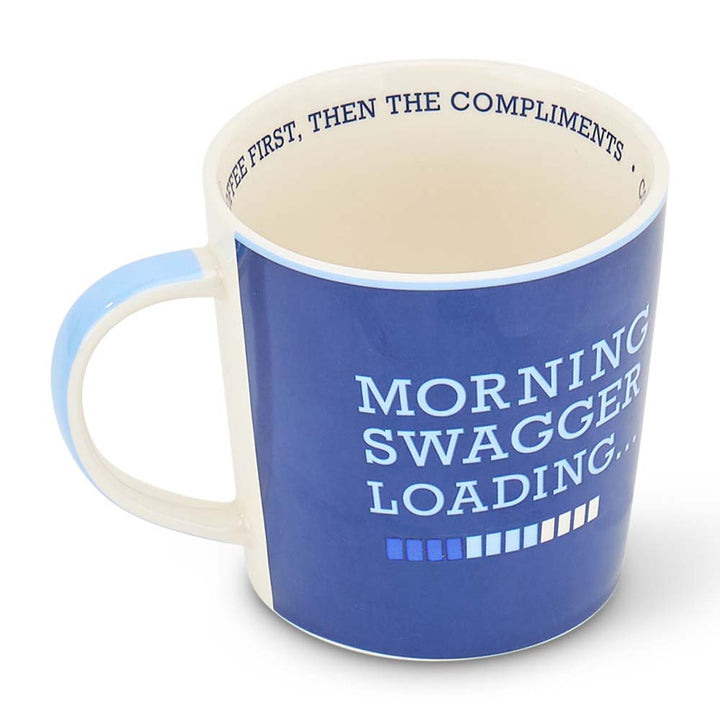 Blue mug with text 'Morning Swagger Loading' on a white background