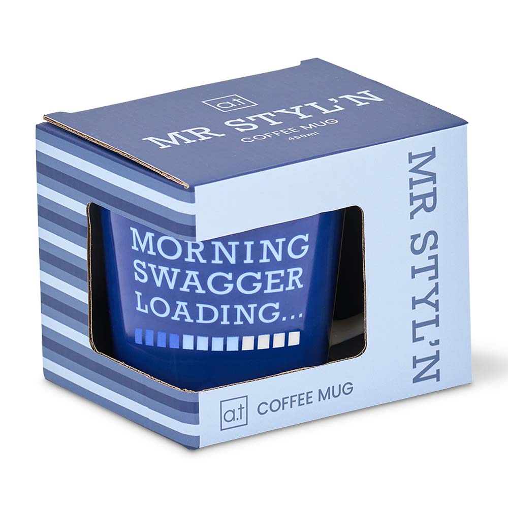 Blue coffee mug with 'Morning Swagger Loading' text in a MR STYL'N branded box.