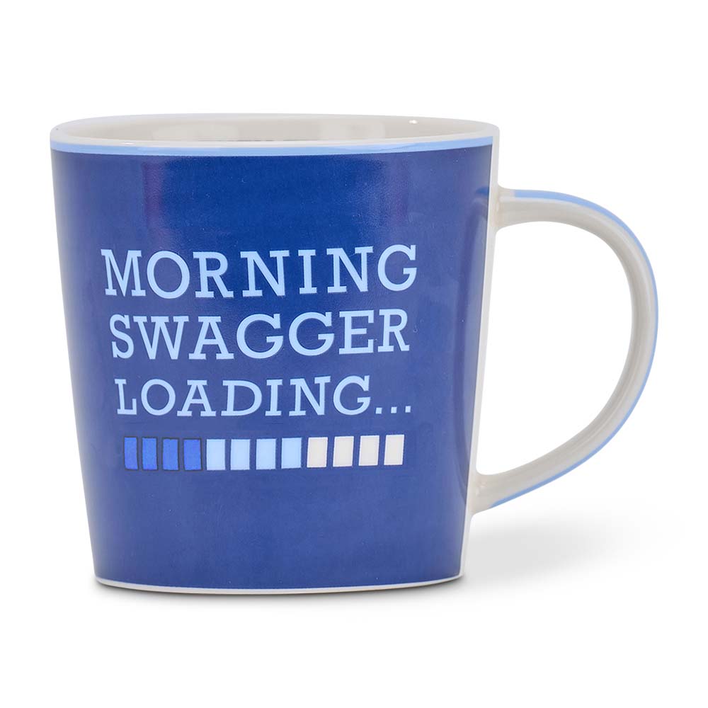 Blue mug with 'Morning Swagger Loading' text on a white background
