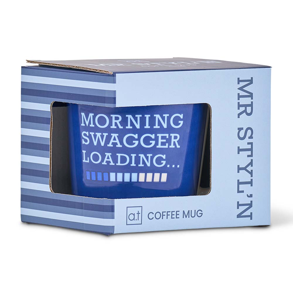 Coffee mug in packaging with 'Morning Swagger Loading' text and 'MR STYL'N' branding.