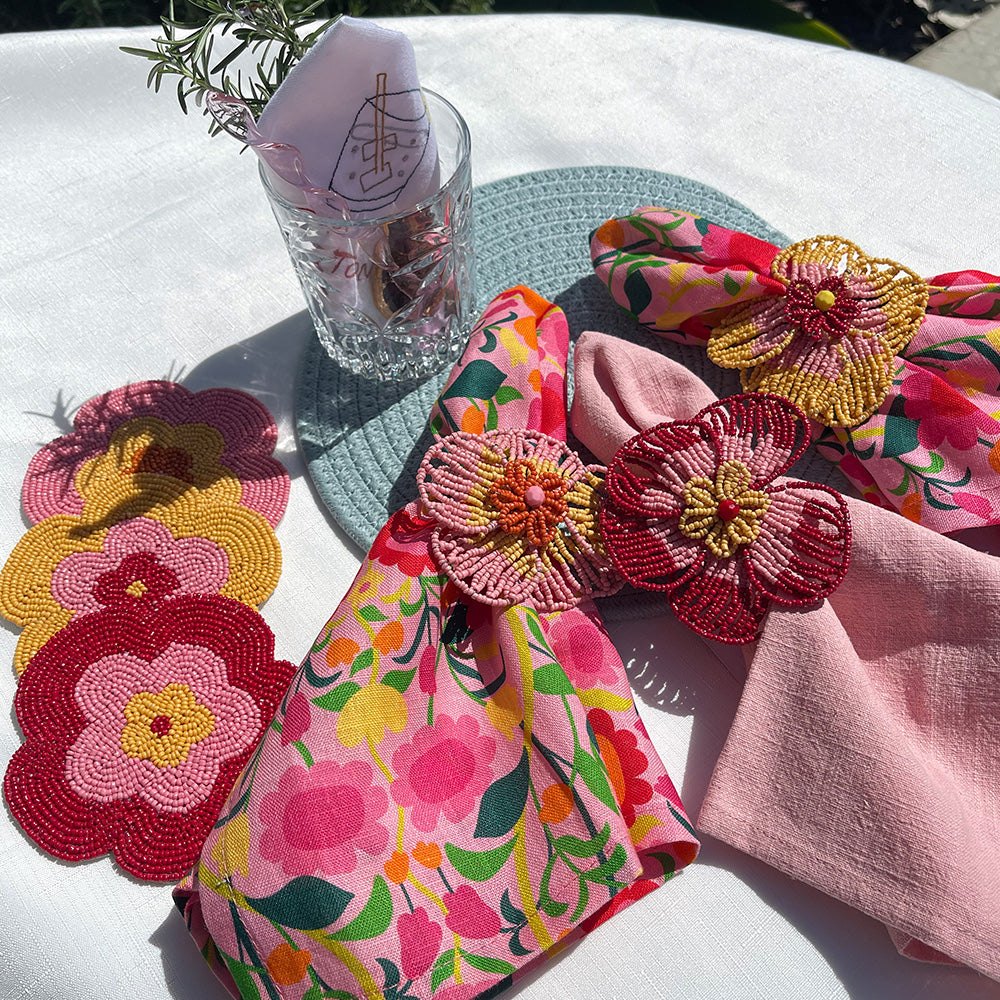 gin and tonic cocktail napkins, flower patch napkin, beaded coasters and napkin rings