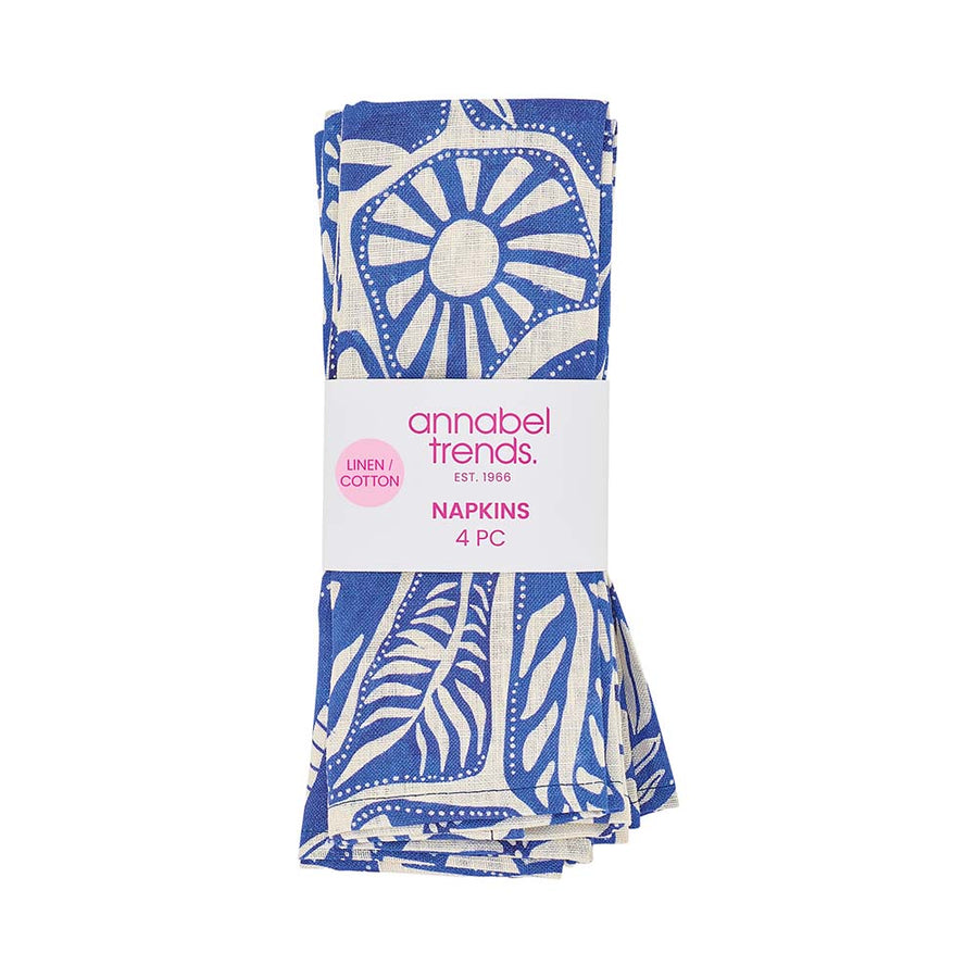 Pack of blue and white patterned napkins with 'annabel trends' packaging on a white background