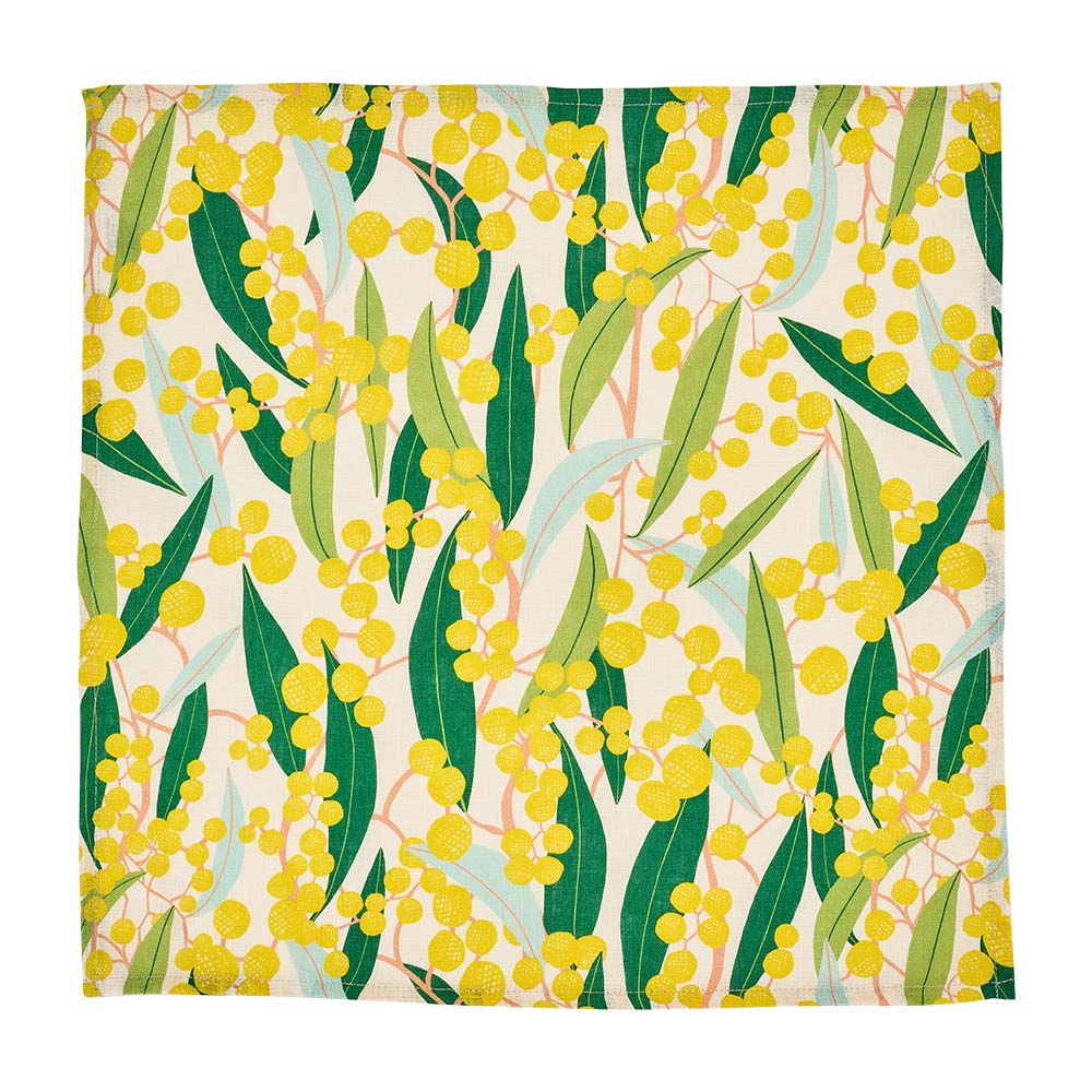 Linen Napkin with yellow flowers and green leaves on a white background