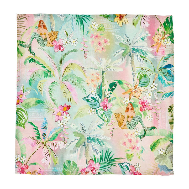 Linen Napkin with mermaid and floral pattern on a white background