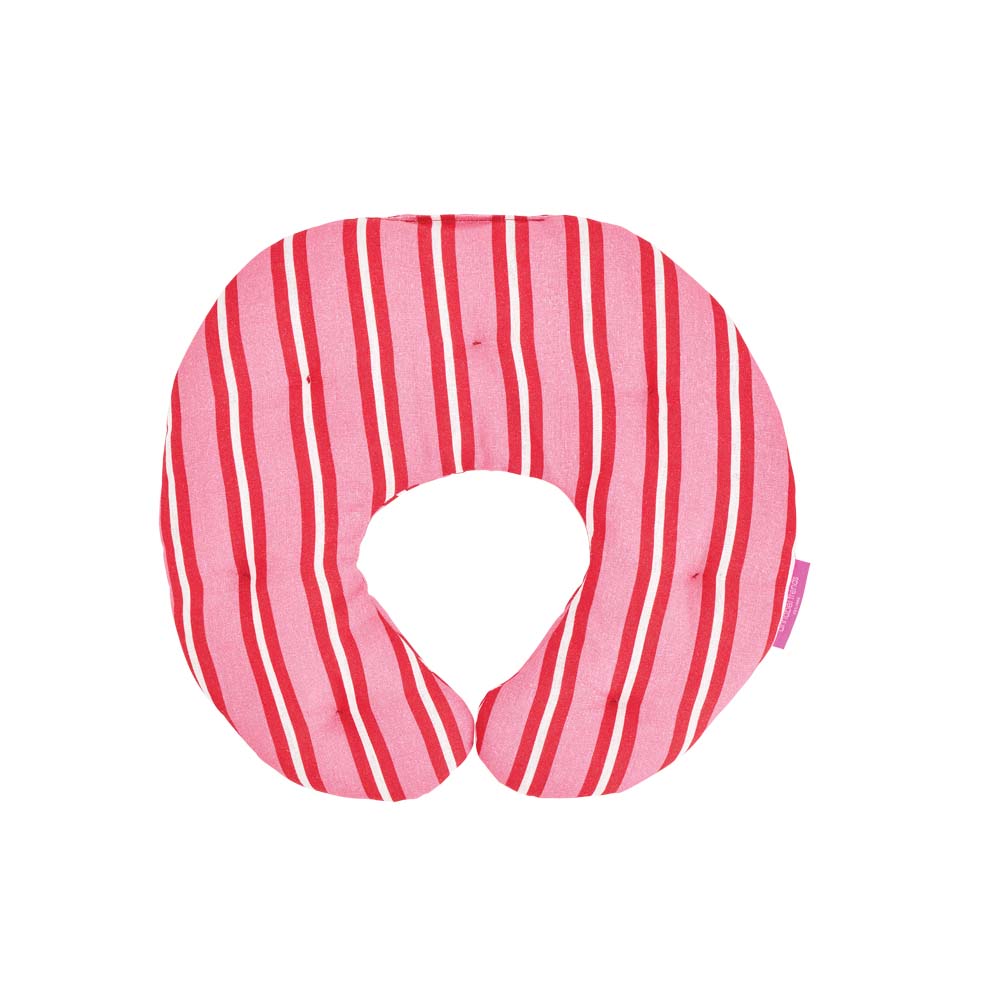 Red and pink stripe neck pillow on white background