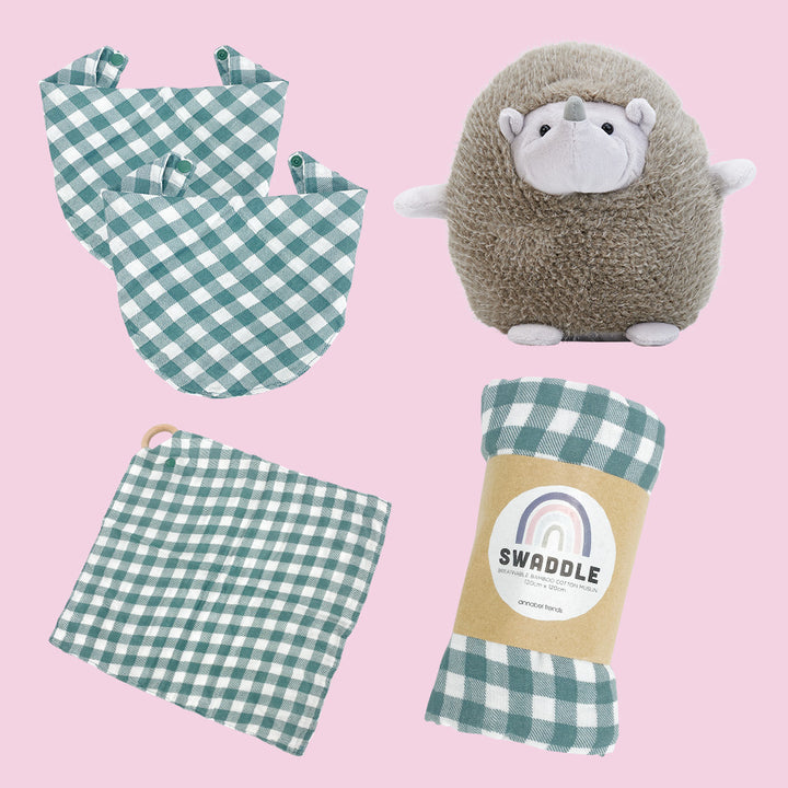 New born bundle - gingham olive, muslin bib, swaddle, security blanket hedgehog chubby bubby