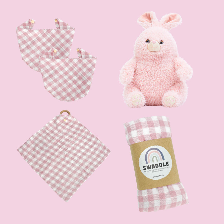 gingham pink clay - muslin bib, security blanket, swaddle, chubby bubby bunny