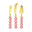 Three gold cheese knives with pink bead handles on a white background