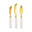 Three gold cheese knives with white bead handles on a white background