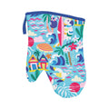 Colorful oven mitt with tropical design on a white background